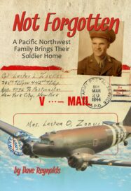 Image shows cover of book with photo of young man in military uniform over a V-mail letter and photo of C-47 transport plane